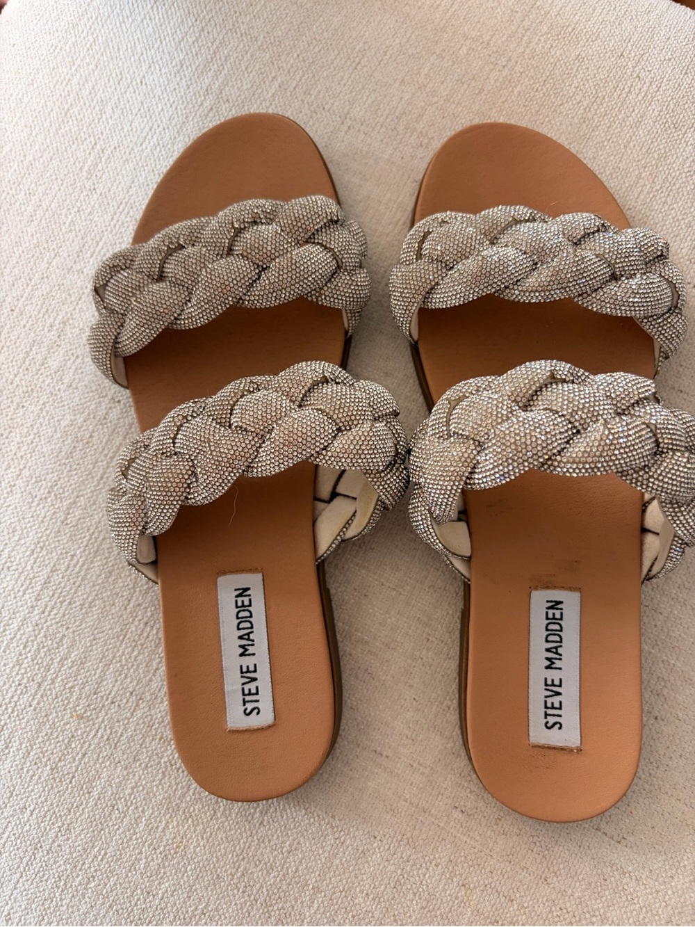 Steve Madden Women's Braided Crystal Slide Sandals in Tan and Beige